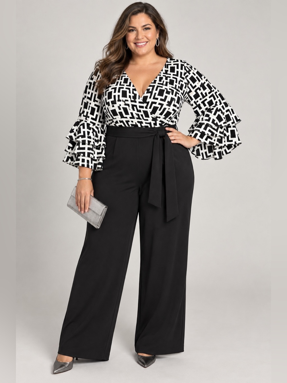 Ashley Stewart Black White V Neck Wide-Leg Stretch Jumpsuit 5XL